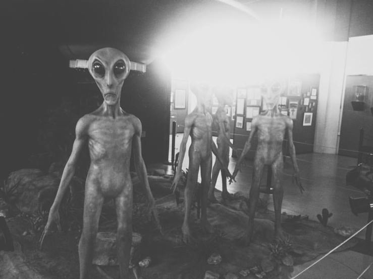 One of the cooler features of the International UFO Museum and Research Center: life-size (??) grey aliens, complete with periodic bursts of smoke from a life-size (??) saucer. 